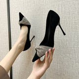 Heel High Heels Tips Drill Single Shoes Shallow Velvet Ultra-High Heel Black High Heels Women's Shoes