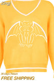 Skulls Blue Knitted Sweaters for Women Fashion Winter Tops Oversized Jumper V Neck Long Sleeve Pullovers Halloween