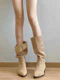 Zingj Shoe Two Wear Vintage Wrinkled Boots Frosted Pile Boots Female Thick Heel Temperament Pointed Button Middle Boots-Outfit