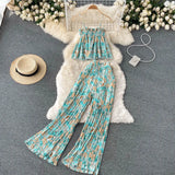 Women Summer Maxi Print Pants Suits New Sleeveless Strap Tops Female Casual Chiffon Two Pieces Sets Beach