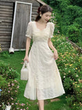 Sweet French Midi Dresses Women Casual Short Sleeve Beading Chiffon Dress Elegant Female Party One Piece Dress