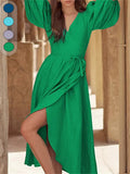Spring/Summer New Women's Temperament Solid Color Sexy Open Fork Bubble Sleeve With Dress