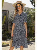 Sleeve Boho Dress Summer Women Floral Printed Holiday Beach Dress V-Neck Elegant Lace-up Split Midi Sundress