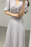 Elegant V-Neck Slim Office Lady Casual A-Line Bandge Pleated Bodycon Chiffon Midi Dress for Women Clothing Summer