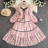 And Autumn New Printing Waist Thin Swing Dress 2025 French Holiday Senior Women's Clothing Splicing Long
