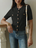 Simple Elegant Double Pocket Metal Buckle Knitted Top Temperament Round-Neck