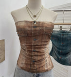 Shooting Denimed Tie-Dye Printing Mesh Yarn Tectar Tset With Chest Cushion Anti-Slip Vest Short Top