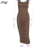 Women Sexy Sleeveless Solid Color Strapless Fold Dress Summer Bodycon Casual Summer Sundress