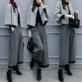 New Women's Autumn And Winter Large-Size Two-Piece Trouser Hair, Short Coat Broad Leg Pants Casual Fashion Suit Women's