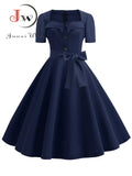 Women Vintage Dress Summer 50s 60s Retro Pin Up Swing Rockabilly Vestidos Elegant Black Polka Dot Office Party