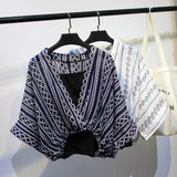 Two Piece Set Striped Chiffon Grid Summer Half Sleeve Loose V-Neck Floral Spring Cool Blouses Sweet Ladies Short Tops