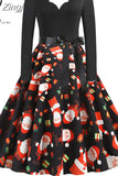 Women Winter Christmas Dress Vintage Santa Printed V-Neck Long Sleeve Swing Sexy Xmas Party Festival Dress