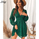PETAL Plunge A-Line Mini Dress Woman Green Sexy Long Sleeve Party Dress 2023 Spring Autumn Female