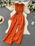 Vintage V-Neck Wide Leg Jumpsuits Women Elegant Red/Green/Orange Sleeveless High Waist Romper With Belts New Fashion