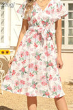 Floral Print Midi Dress Women Robe Elegant Chic Short Sleeve V Neck Casual Beach Dress With