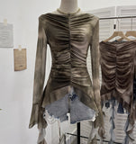 Shooting Hot Girl Horn Sleeve Net Yarn Bottom Shirt Girl Body Waste Wind Irregular Ribbon Long-Sleeved Top