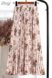Women 2023 High Waist Floral Print Mid Calf Long Pleated Skirt Girls Summer Vintage Elegant Chiffon Midi