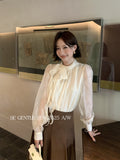 Xixi 2025 Autumn White Standard Thousand Gold Wind Bow Tie With Bottom Shirt Women's Long-Sleeved Top Tide