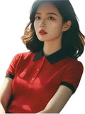 Splicing Bump Color Collar Knitting Shoulder Short-Sleeved T-Shirt Vertical Texture Thin Summer Women's Korean
