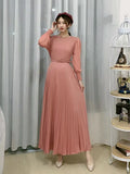 Ripe Wind High Waist Round Collar Dress Spring And Autumn New Temperament Solid Color To Show Thin Waist Swing 100 Rhetum Long