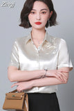 Women Shirt Embroidered Womens Tops Satin Short Sleeve Blouse 2023 Summer Fashion Female Clothing Casual Shirts for