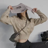Autumn Winter Vintage Solid Twist Cropped Sweater Sexy Round Collar Long Sleeve Short Jumper Y2K Cool girl