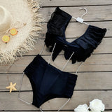 Solid-Color Mesh Yarn Leaf-Side Split Swimsuit Woman 2025 New High-Waisted Folding Sexy Bikini