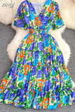 Bohemian Women Floral Printed Midi Dress Elegant V-Neck Short Sleeve High Waist Draped Slim Big Swing Vestidos Female