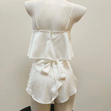 Ice Silk Pure Wind-Like Belly Pocket Shorts Women's Summer Sexy Deep V Lace Pajamas Set