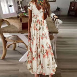 Solid Ruffles Pleated Long Party Dress Women Short Sleeve Loose Casual Dress2025 Autumn V Neck Tassel Hollow Out Dresses 211-0-Outfit
