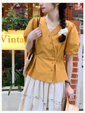 Explosion In Korean Version Of The Slanted Buckle V-Neck Short-Sleeved Shirt Women's Art Retro Princess Sleeve Loose Thin