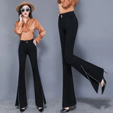 Elegant Women Flare Pants High Quality Elastic Korean Black Split Spring Lady Trousers Fashion High Waist Button Full