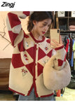 Cardigan Women Argyle Design Students Sweet Soft Retro Embroidery Fashion Loose Korean Style Autumn Christmas Casual