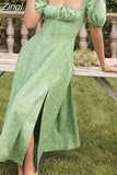 Women Maxi Dress Floral Print Long Dress Summer Puff Sleeve Ruffles Casual Elegant Holiday Party