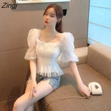 Sheer Lace Shirts Women Sexy Off Shoulder Slim Tunic Crop Tops Harajuku Fashion Elegant Short Sleeve Mesh Party