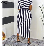 Summer Black Striped Print One Shoulder Short Sleeve High Slit Wrap Women's Party Midi Dress Casual Vintage Sexy