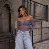 Women's Clothing Burst Perspective Umbilly Short Top Sexy Long-Sleeved Squint Solid Color