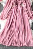 Women Slash Neck Long Sleeve Midi Dress Female Yellow/Red/Pink High Waist Ruffle Big Swing Chiffon Robe Fashion 2023
