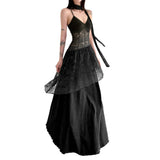 Lace Splicing Perspective To Close Waist-Skinny Sling Dress Long With Round Neck