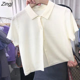 Women T-shirts Summer Solid Simple Trendy Korean Style Knitted Short Sleeve Turn-down Collar Single Breasted All-match