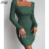 Square Collar Ruched Dresses Women Sexy Slim High Waist Casual Female Clothing Solid Long Sleeve Backless Mini