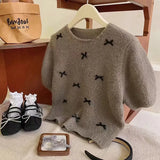 Chic Spring And Summer Little Bow Bow Short-Sleeved Collar Knitted Jersey Girl Spring Sweet Soft Foam Bubble Sleeve