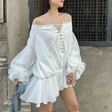 Temperament Beauty Dress 2025 Autumn And Winter New One-Word Shoulder Strap Splicing Lotus Leaf Side Flower Dress Dress