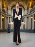 Famous Wind Dress Women 2025 Spring New Temperament Elegant Fashion Collage Collage Bow V-Neck