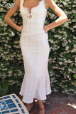 Elegant Women Lace Floral Dress Sleeveless V-neck Bodycon Party Knee Length White Backless Tie-up Female Vestido