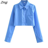 Women Fashion 5 Solid Color Single Pocket Short Blouse Office Lady Long Sleeve Shirt Business Blusa Chic Crop Tops