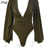 Black Deep V Neck Bodysuit Women Sexy Puff Sleeve Bodycon Jumpsuit Solid Elastic Casual Party Winter Bodysuits Body