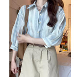 Cotton Striped Sunscreen Shirt Coat Women's Summer Thin Linen Cardigan Seven-Sleeve Shirt On The