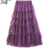 Sweet Multilevel Tulle Long Skirt Women Elastic High Waist A-line Pleated Mesh Skirt Gothic Lolita Female Jupe