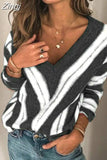 Women's Autumn Winter Striped Long Sleeve V Neck Knit Sweater Ladies Casual Jumper Loose Pullover Tops